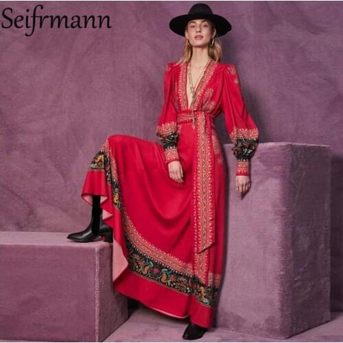 Seifrmann New 2021 Autumn Women Fashion Designer Party Long Dress Sexy V-Neck Bow Sashes Vintage Print Big Swing A-Line Dresses