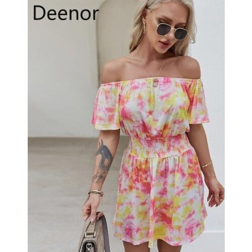 Deenor 2021 Summer Sexy Women Off Shoulder Party Print Mini Dress Tie Dye Lotus Leaf Sleeve Dress Beach Vestidos Homewear