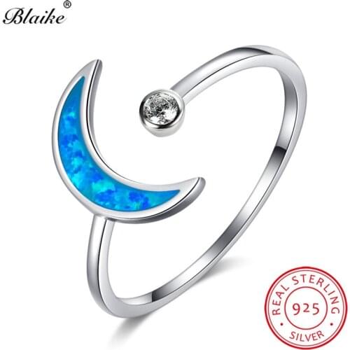 925 Sterling Silver Moon Ring Blue Fire Opal Rings For Women Wedding Bands Open Engagement Stacking Thin Ring Band Jewelry Gifts