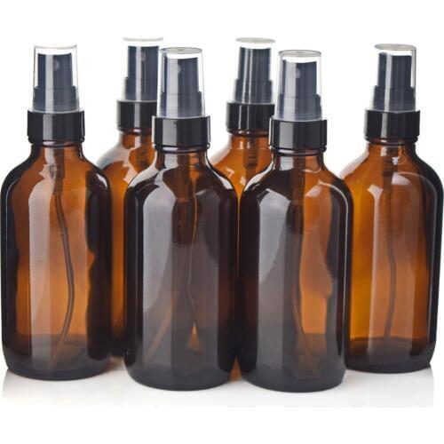 6pcs 4 Oz 120ml Boston Round Amber Glass Bottle Containers with Black Fine Mist Spray for Aromatherapy Cleaning Essential oils