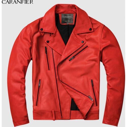CARANFIER 2019 Red Men Genuine Leather Jacket Fashion Stand Collar Motorcycle Biker Jacket Vegetable tanned goatskin Winter Coat