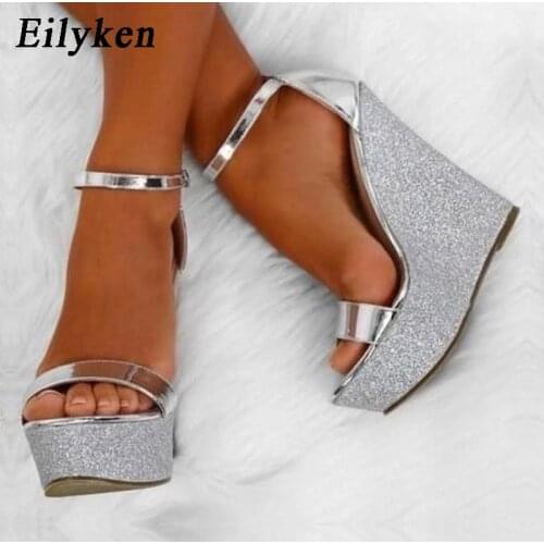 Eilyken 2021 Fashion Bling Bling Thick Bottom Platform Sandals High Quality Patent Leather Ankle Buckle Strap Wedge Heels Shoes
