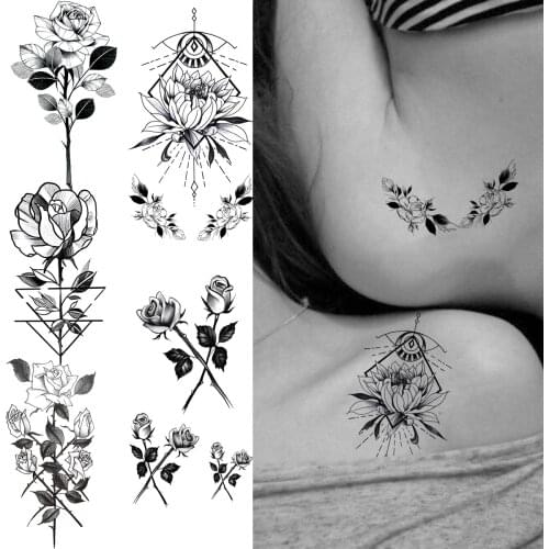 Geometric Henna Sexy Chest Temporary Tattoos For Women Adult Rose Flower Realistic Fake Tattoo Body Art Waterproof Tatoos Decal