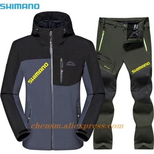 Shimano New Men Fishing Fleece Soft Shell Jacket Waterproof Hunting Suit Windbreakers Outdoor Hiking 5XL Tactical Jacket + Pants