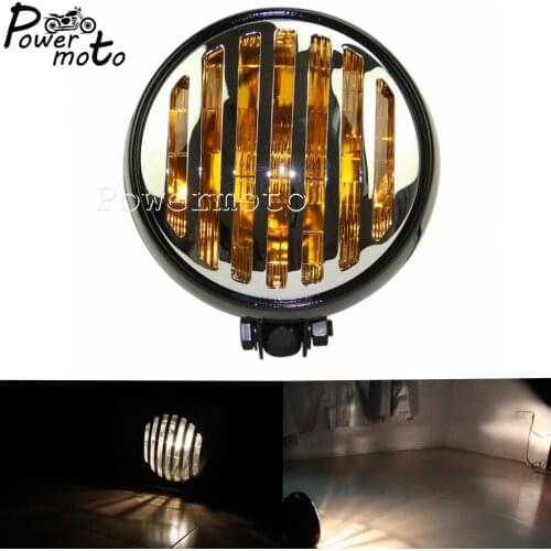 Motorcycle 5.75" Retro Grill Headlight Front Headlamp Amber Lens For Harley Cafe Racer Chopper Bobber Custom Bottom Mount Light
