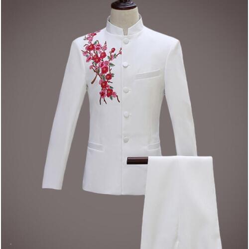 New arrival slim embroidery Chinese tunic suit men suit set with pants mens wedding suits formal dress mens groom suit + pant