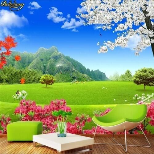 Beibehang Custom wallpaper modern minimalist small fresh natural landscape green meadow cherry blossom background wall painting