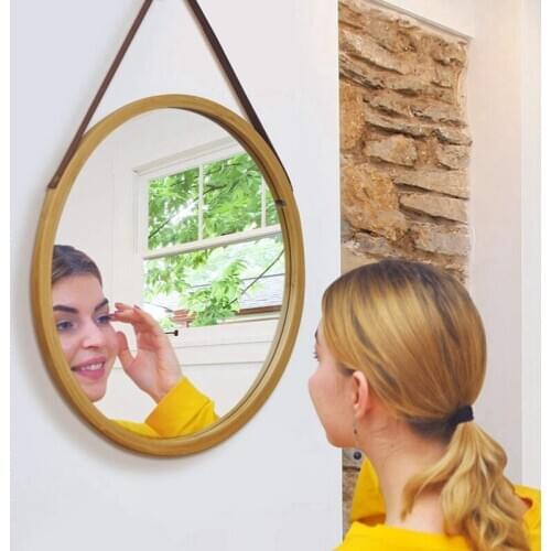 Hanging Round Wall Mirror in Bathroom & Bedroom - Solid Bamboo Frame & Adjustable Leather Strap (Bamboo, 15 Inch)