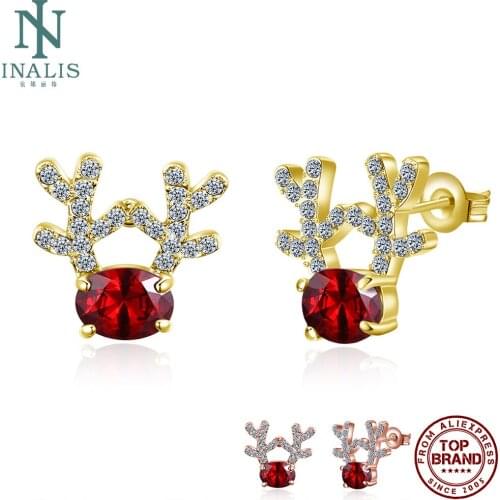 INALIS Christmas Antlers Stud Earrings For Women 2 Colors Shining Cubic Zirconia CZ Zinc Alloy Earring Hot Sale Fashion Jewelry