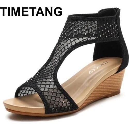 TIMETANG elegant Lace mesh shoes women sandals wedge 2021 summer fashion roman ladies sandles party gladiator female sandalias
