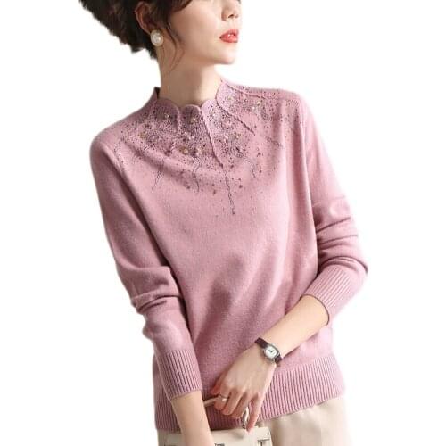 Half High Collar Knitting Shirt Middle-Aged Female Fall Winter New Bottoming Shirt Long Sleeve Inlay Drill Sweater Women Top