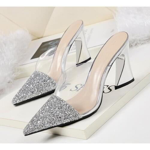 Pointed High Heels Spike Heel Slippers Women New Summer Shoes Woman Fashion Bling Slip-On Party Shoes Sequined Cloth Clear Heels