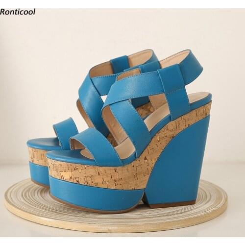 Ronticool New Arrival Women Genuine Leather Sandals Sexy Wedges High Heels Open Toe Pretty Orange Blue Party Shoes US Size 5-10