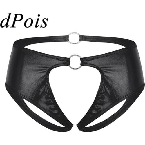Women Sexy Panties Low Rise Lingerie with Metal O-Rings Faux Leather Open Butt Crotchless Jockstrap Briefs Underwear Underpants