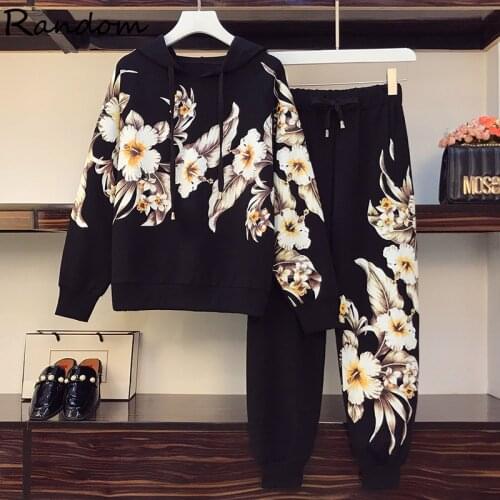 Plus Size L-5XL Women Sports Suit Hooded Tops + Pants Two Piece Floral Print Tracksuit Matching Set Winter Clothes Run Outfits