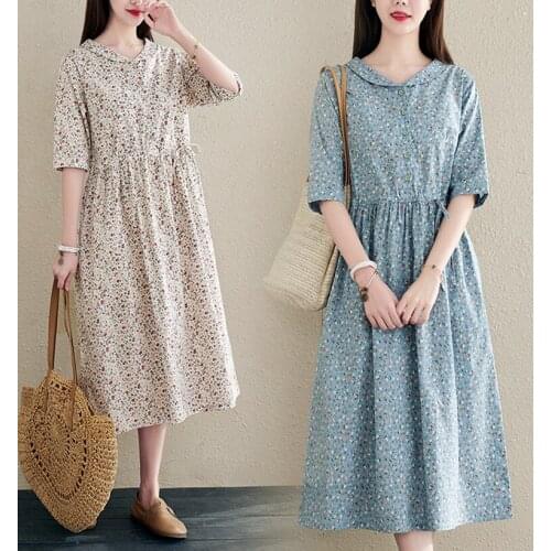 2021 New Cotton Lovely Peter Pan Collar Sweet Girls Floral Dress Print Prairie Chic Vintage Women Summer Long Dresses Vestidos