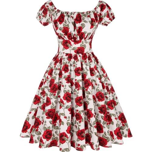 French Romantic Style Midi Women Dress New Design Rose Flower Print Slash Neck Hot Puff Sleeve Elegant A-Line High Waist Dresses