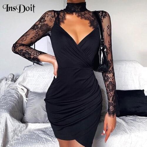 InsDoit Goth Black Summer Slim Dress Women Vintage Lace Sexy Long Sleeve Mini Dress Harajuku Ruched Cut Out Elegant Party Dress