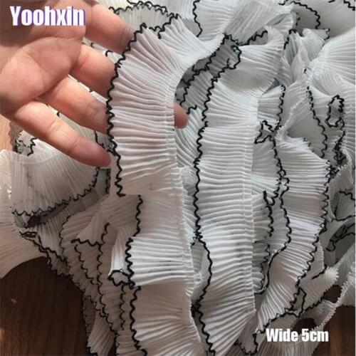 5cm wide pleated chiffon elastic lace ruffle cropped Ribbon 3D flowers dress collar applique of guipure Embroidery DIY craft