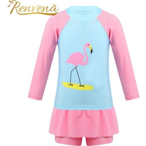 Childrens Swimsuit Flamingo UPF 50+ Long SleevesSwimwear Bathing Suits Kids Tankini Rashguard Tops Bottoms 2pcs Girls Swimsuit