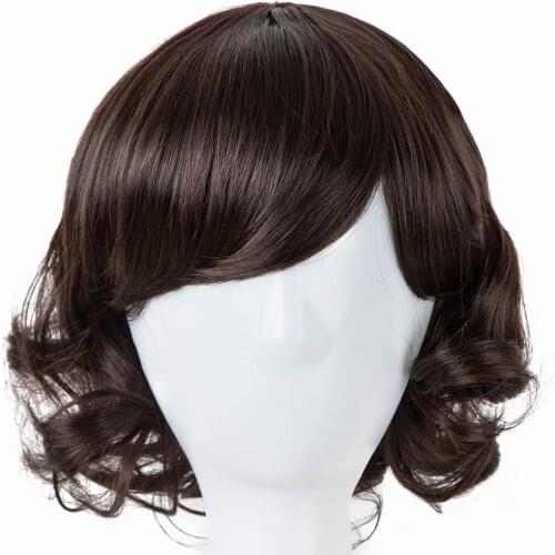 Child Wig Fei-Show Synthetic Heat Resistant Fiber Short Curly Hairpiece Inclined Bangs Brown Hair for 50 CM Head Circumference
