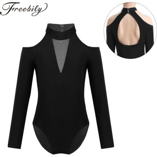 Kids Off-shoulder Long Sleeve Ballet Dance Leotard Cutout Back Girls Gymnastics Leotard Sports Bodysuit Child Dance Costume
