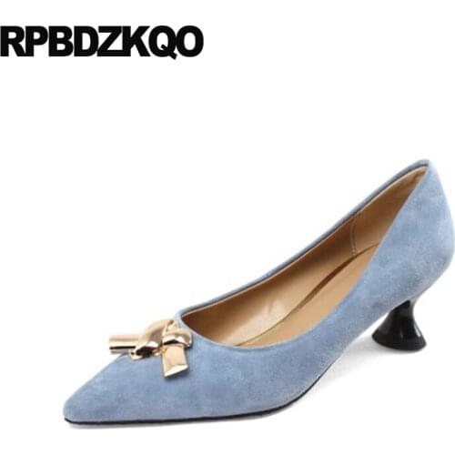 Designer High Heels Slip On Pointed Toe Black Medium Size 33 Kitten Ladies Metal Light Blue Elegant Pumps Suede Shoes Women 2021
