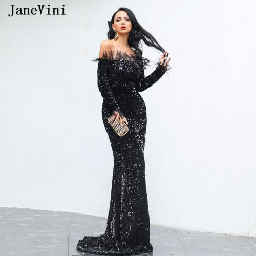 JaneVini Shiny Sequins Black Long Sleeve Evening Dresses for Women 2019 Off Shoulder Feather Sexy Mermaid African Formal Dresses