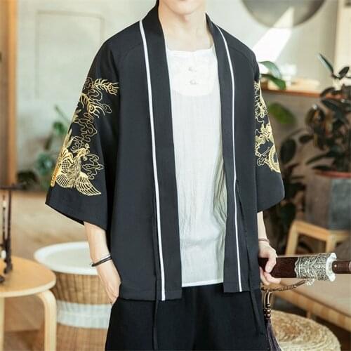 Japanese Style Kimono Dragon Embroidery Haori Cardigan Men Summer New Harajuku Samurai Fashion Loose Casual Yukata Streetwear