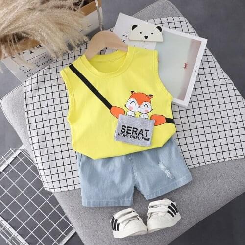 Summer Kids 2021Casual Suit Cartoon Squirrel T-shirt with Satchel+Ripped Jeans for Toddler Boys Girls Clothing Outfits 0-5 Years