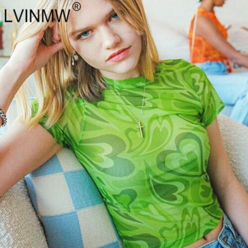 LVINMW Transparent Slim Crew Neck Short Sleeve Woman T Shirts Love Printed Casual Fashion Navel Tops Girls Print Y2K Crop Top