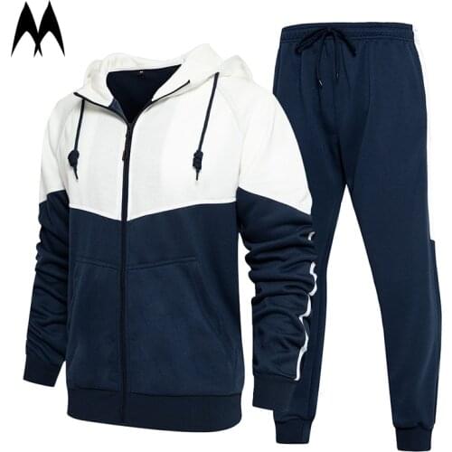 Men Thick Fleece Tracksuit 2021 Winter Warm Hoodie Set Oversized Patchwork Hooded Jacket Mens Sweatpant Set Autumn Tracksuit