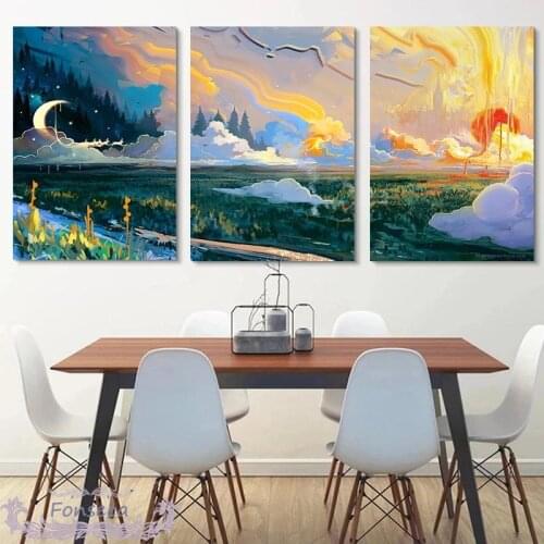 Nordic Abstract Sunset Moon Landscape Pictures Wall Art Canvas Painting Posters and Prints for Living Room Home Decor (No Frame)