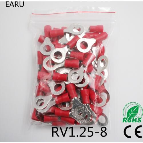 RV1.25-8 Red Circular 22-16 AWG 0.5-1.5mm2 Insulated Ring Terminal Connector Cable Wire Connector 100PCS/Pack RV1-8 RV