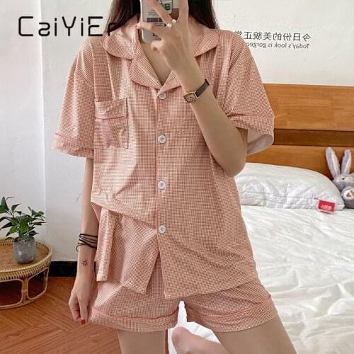 CAIYIER Womens Pajamas Suit Summer Shorts Korean Checked Print Short Sleeve Kawaii Sleepwear 2Piece Set Plaid Leisure Nightgown