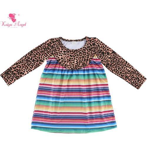 Kaiya Angel 2018 Hot Kids Fall Long Sleeve Boutique Dresses Leopard Print Top With Colorful Striped Bottom Parchwork Clothes