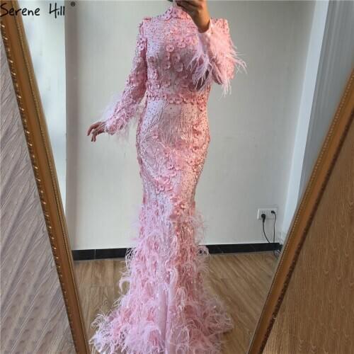 Dubai Pink Long Sleeves Mermaid Prom Dresses 2020 Flowers Feathers High Neck Prom Gowns 2020 Serene Hill BLA70235