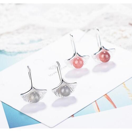 Sole Memory Ginkgo Biloba Natural Strawberry Crystal Moonstone Versa 925 Sterling Silver Female Dangle Earrings SEA464