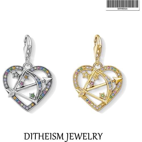 Charms Pendant Heart with Bow and Arrow Colorful Stones 925 Sterling Silver Golden Fit Bracelet Women Jewelry Accessories Gift