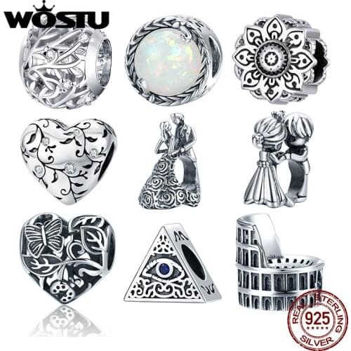 WOSTU Authentic 925 Sterling Silver Retro Patterns Heart Beads Charms Pendant Fit Bracelets Women DIY Fine Jewelry Gift Making