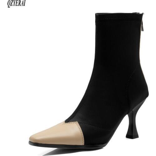 Slim Stretch sheepskin Ankle Boots Women Genuine leather Pointed Toe Sock Boots HighHeel Boots Shoes Woman Fashion Bota Feminina