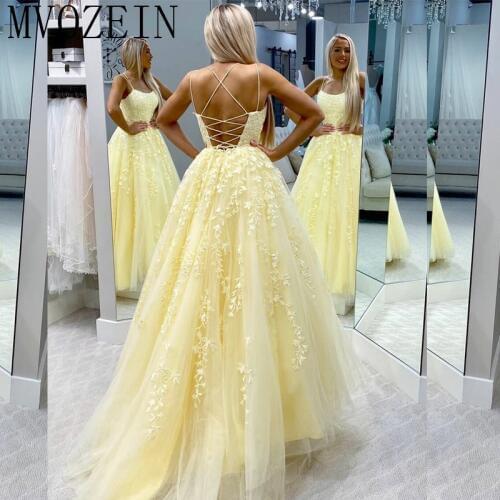 Spaghetti Strap Yellow Prom Dress Tulle A Line Backless Lace-Up Girl Party Wear Evening Dress Plus Size Vestido De Festa