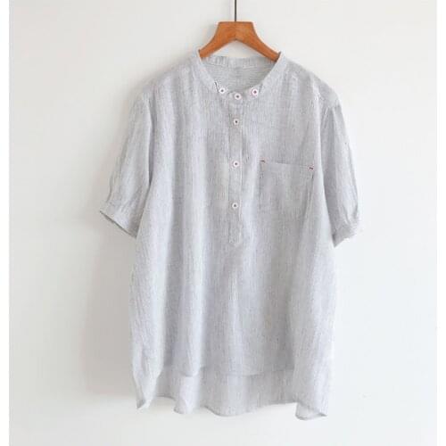 2020 New Summer Women Blouse Japan Style Mori Girl Literary Pinstripe Stand Collar Loose Cotton linen Short Sleeve Shirt