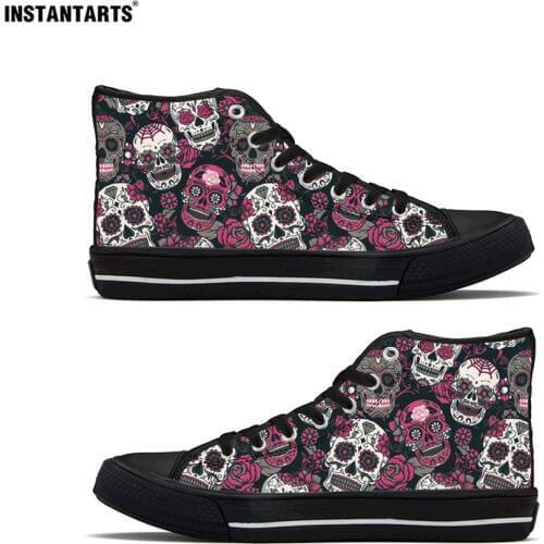 INSTANTARTS Classic Skull Pattern High Style Vulcanize Women Shoes Casual Canvas Woman Flats Sneakers Sping Ladies Lace Footwear