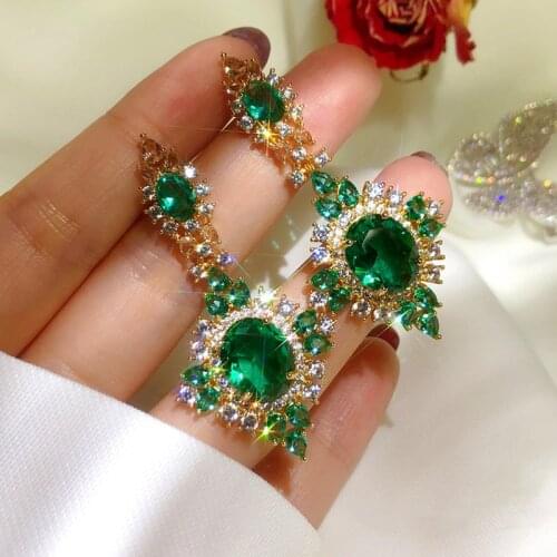Green Zircon Tassel Crystal For Women Earring Gold Color Exaggerated Micro Inlaid Luxury Temperament Creative Wild Birthday