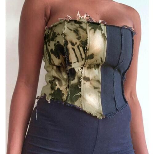 Sexy Women Tie Dye Patchwork Denim Bustier Sleeveless Lace Up Bandeau Tube Top
