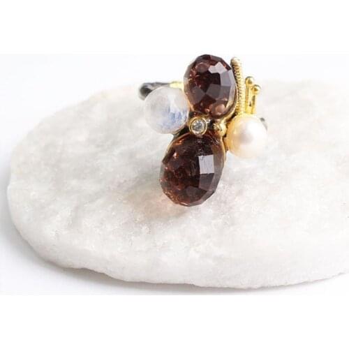 Two Sultanite and White Zircon Pearl Womens Gold Plated Silver Ring, Woman 925 Silver Sultanite Handmade Ring