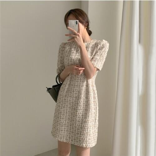Plaid Tweed Dress Women Luxury Elegant Runway Mini Dress Vintage High Waist Summer Tweed Dress Short Puff Sleeve Designer B083
