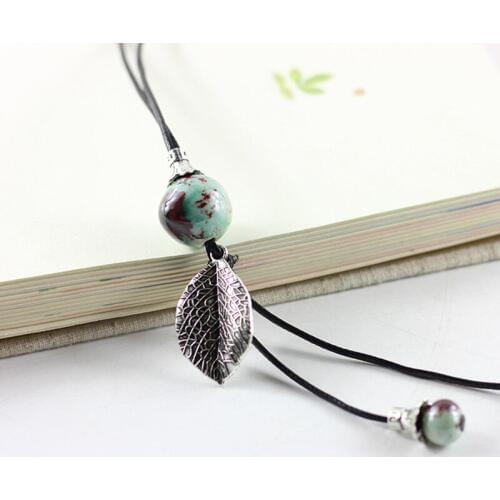 12 Pieces/Lot Ceramic Long Necklace Leaves Charm Statement Choker Beads Stone Black Weave Rope Link Chains Bohemia Jewelry Gifts