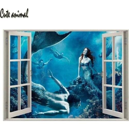 5D Diy Cross Stitch Diamond Embroidery mermaid window landscape Diamond Painting Rhinestone Mosaic Home Decoration Hobby Craft